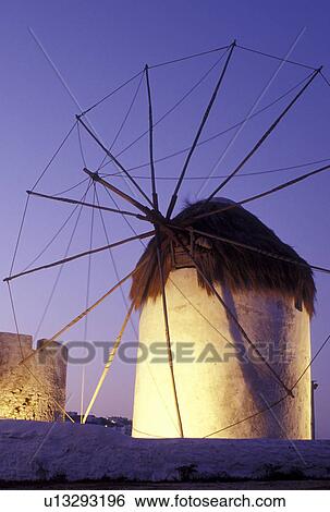 Greece, windmill, Mykonos, Greek Islands, Cyclades, Europe, Windmill on Mykonos in the evening. View Large Photo Image Stock Photograph - Greece, windmill, Mykonos, Greek Islands, Cyclades, Europe, Windmill on Mykonos in the evening.. Fotosearch