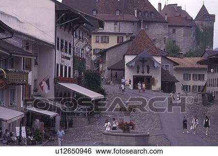 Gruyeres, Switzerland, Fribourg, Cobblestone pedestrian street in the fortified medieval village of Gruyeres in the Canton of Fribourg. View Large Photo Image Stock Photograph - Gruyeres, Switzerland, Fribourg, Cobblestone pedestrian street in the fortified medieval village of Gruyeres in the Canton of Fribourg.. Fotosearch
