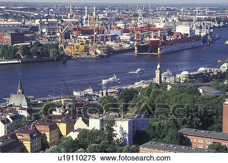 Hamburg, aerial, Germany, Elbe River, North Sea, Europe, Aerial view of Port of Hamburg and St. Pauli's Harbor along the Elbe River. View Large Photo Image Stock Photography - Hamburg, aerial, Germany, Elbe River, North Sea, Europe, Aerial view of Port of Hamburg and St. Pauli's Harbor along the Elbe River.. Fotosearch