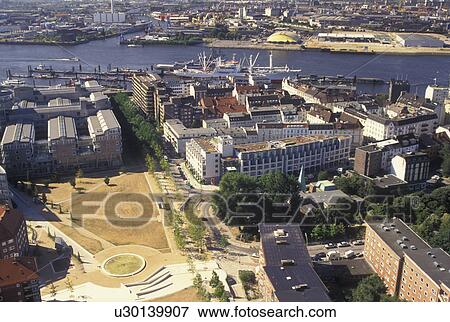 Stock Photo -  Hamburg, Germany, Elbe River, Europe, Aerial view of Port of Hamburg along the Elbe River.. Fotosearch