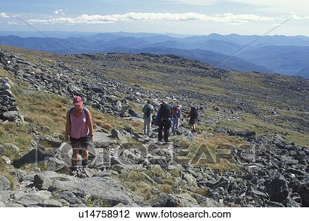 Stock Image -  hiking, Mount Washington, NH, White Mountain National Forest, New Hampshire, Hiking the Appalachian Trail on Mount Washington in the White Mountain Nat'l Forest.. Fotosearch