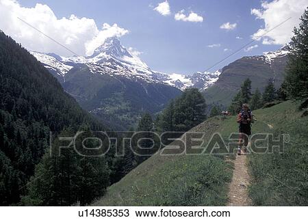 hiking, Zermatt, Switzerland, Matterhorn, Cervin, Valais, Alps, Woman hiking on trail with a view of the Matterhorn in the Swiss Alps. View Large Photo Image Stock Image - hiking, Zermatt, Switzerland, Matterhorn, Cervin, Valais, Alps, Woman hiking on trail with a view of the Matterhorn in the Swiss Alps.. Fotosearch