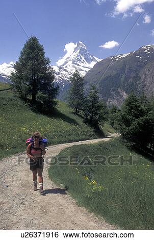 Stock Photograph -  hiking, Zermatt, Switzerland, Matterhorn, Cervin, Valais, Alps, Woman hiking on trail with a view of the Matterhorn in the Swiss Alps.. Fotosearch