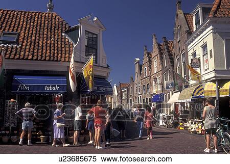 Holland, Edam, Netherlands, Noord-Holland, Europe, Shops along a pedestrian street in the city of Edam. View Large Photo Image Stock Photography - Holland, Edam, Netherlands, Noord-Holland, Europe, Shops along a pedestrian street in the city of Edam.. Fotosearch