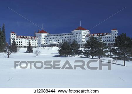 Picture -  hotel, Bretton Woods, NH, New Hampshire, Scenic view of Historic Mount Washington Hotel & Resort in winter in Bretton Woods.. Fotosearch