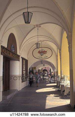 Stock Photo -  hotel, Czech Republic, Ceske Budejovice, Budweis, Southern Bohemia, Hotel along the arcades in The Great Square in Budweis.. Fotosearch