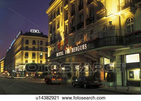 hotel, Geneva, Switzerland, Hotel des Bergues in downtown Geneva at night. View Large Photo Image Stock Image - hotel, Geneva, Switzerland, Hotel des Bergues in downtown Geneva at night. . Fotosearch