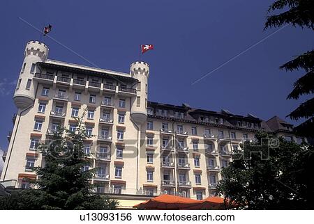 Stock Photograph -  hotel, Gstaad, Switzerland, Berne, Bern, The Palace Hotel Alpine Resort in Gstaad in the Bernese Oberland.. Fotosearch