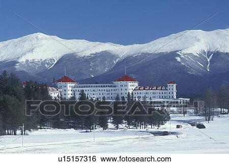 hotel, NH, Bretton Woods, New Hampshire, Scenic view of Historic Mount Washington Hotel & Resort and Mt. Washington in winter in the White Mountains National Forest. View Large Photo Image Stock Photograph - hotel, NH, Bretton Woods, New Hampshire, Scenic view of Historic Mount Washington Hotel & Resort and Mt. Washington in winter in the White Mountains National Forest.. Fotosearch