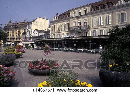 Stock Image -  hotel, outdoor cafT, Switzerland, Lausanne, Ouchy, Vaud, Outdoor cafT at Hotel d' Angleterre.. Fotosearch