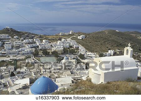 Ios, Greece, Greek Islands, Cyclades, Ormos, Europe, Scenic view of Hora on Ios Island on the Aegean Sea. View Large Photo Image Stock Image - Ios, Greece, Greek Islands, Cyclades, Ormos, Europe, Scenic view of Hora on Ios Island on the Aegean Sea.. Fotosearch