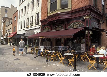 Stock Photo -  Ithaca, NY, New York, Finger Lakes, Outdoor cafT at Ithaca Commons in downtown Ithaca.. Fotosearch