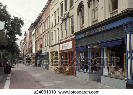 Stock Photo -  Ithaca, NY, New York, Finger Lakes, Ithaca Commons in downtown Ithaca.. Fotosearch