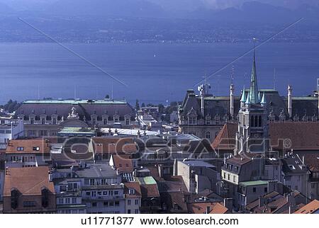 Lausanne, Switzerland, Vaud, Lake Geneva, Aerial view of the city of Lausanne from the cathedral along Lac Leman. View Large Photo Image Stock Photo - Lausanne, Switzerland, Vaud, Lake Geneva, Aerial view of the city of Lausanne from the cathedral along Lac Leman.. Fotosearch