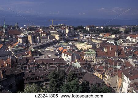 Lausanne, Switzerland, Vaud, Lake Geneva, Aerial view of the city of Lausanne from the cathedral along Lac Leman. View Large Photo Image Stock Photography - Lausanne, Switzerland, Vaud, Lake Geneva, Aerial view of the city of Lausanne from the cathedral along Lac Leman.. Fotosearch