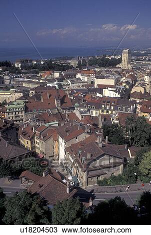 Lausanne, Vaud, Switzerland, Lake Geneva, Aerial view of the city of Lausanne from the cathedral along Lac Leman. View Large Photo Image Stock Image - Lausanne, Vaud, Switzerland, Lake Geneva, Aerial view of the city of Lausanne from the cathedral along Lac Leman.. Fotosearch