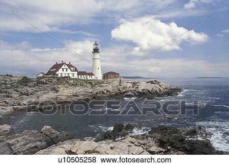 Stock Photo -  lighthouse, Cape Elizabeth, ME, Maine, Portland Headlight along the rocky coastline of the Atlantic Ocean.. Fotosearch