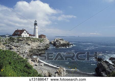 lighthouse, Cape Elizabeth, ME, Maine, Portland Headlight along the rocky coastline of the Atlantic Ocean. View Large Photo Image Stock Photo - lighthouse, Cape Elizabeth, ME, Maine, Portland Headlight along the rocky coastline of the Atlantic Ocean.. Fotosearch