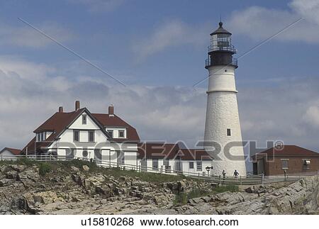 lighthouse, Cape Elizabeth, ME, Maine, Portland Headlight along the rocky coastline of the Atlantic Ocean. View Large Photo Image Stock Photo - lighthouse, Cape Elizabeth, ME, Maine, Portland Headlight along the rocky coastline of the Atlantic Ocean.. Fotosearch