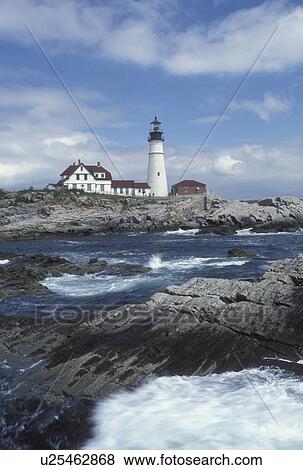 Stock Photo -  lighthouse, Cape Elizabeth, ME, Maine, Portland Headlight along the rocky coastline of the Atlantic Ocean.. Fotosearch
