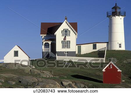 Stock Image -  lighthouse, Cape Neddick, York Harbor, ME, Maine, Nubble Light, Cape Neddick Light at York Harbor on the Atlantic Ocean. Fotosearch
