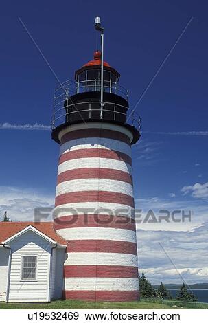lighthouse, Lubec, ME, Maine, Bay of Fundy, West Quoddy Head Lighthouse at Quoddy Head State Park on the Atlantic Ocean. View Large Photo Image Stock Photo - lighthouse, Lubec, ME, Maine, Bay of Fundy, West Quoddy Head Lighthouse at Quoddy Head State Park on the Atlantic Ocean.. Fotosearch
