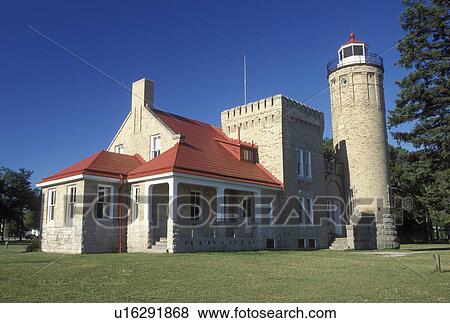 Stock Photo -  lighthouse, Mackinaw City, MI, Michigan, Old Mackinac Point Lighthouse along the Straits of Mackinaw in Mackinaw City.. Fotosearch