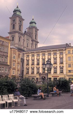 Linz, Austria, The Danube Valley, Oberosterreich, Hauptplatz and Old Cathedral in downtown Linz. View Large Photo Image Stock Photo - Linz, Austria, The Danube Valley, Oberosterreich, Hauptplatz and Old Cathedral in downtown Linz.. Fotosearch