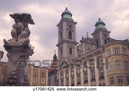 Linz, Austria, The Danube Valley, Oberosterreich, Fountain at Hauptplatz and Old Cathedral in downtown Linz. View Large Photo Image Stock Photography - Linz, Austria, The Danube Valley, Oberosterreich, Fountain at Hauptplatz and Old Cathedral in downtown Linz.. Fotosearch