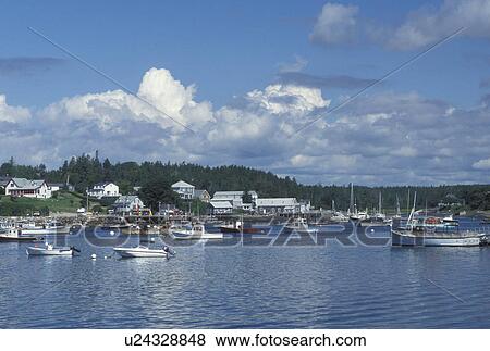 Stock Photo -  lobster boats, Bernard, ME, Maine, Mount Desert Island, Lobster fishing boats buoyed in the harbor in the fishing village of Bernard on the Atlantic Ocean.. Fotosearch