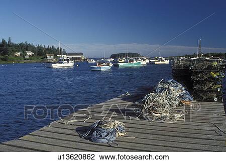 Stock Image -  lobster boats, ME, Corea, Maine, Lobster traps and buoys on a dock. Lobster fishing boats buoyed in the harbor in the fishing village of Corea on the Atlantic Ocean.. Fotosearch