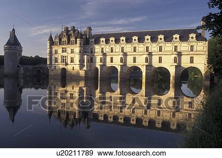 Stock Photo -  Loire Valley, castle, France, Chenonceau, Loire Castle Region, Indre-et-Loire, Europe, Reflection of 16th century Chateau de Chenonceau in the Cher River.. Fotosearch