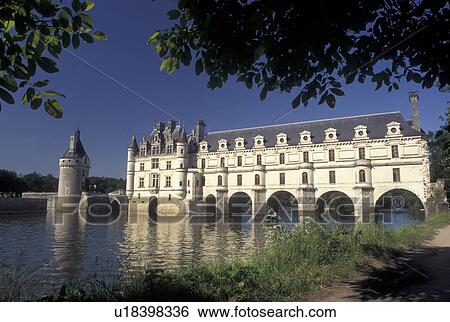 Stock Photograph -  Loire Valley, France, Chenonceau, castle, Loire Castle Region, Indre-et-Loire, Europe, The 16th century Chateau de Chenonceau crosses over the Cher River.. Fotosearch