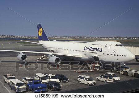 Stock Photo -  Lufthansa, airport, Boston, MA, Massachusetts, Lufthansa Airlines jet parked outside Logan International Airport Terminal in Boston.. Fotosearch