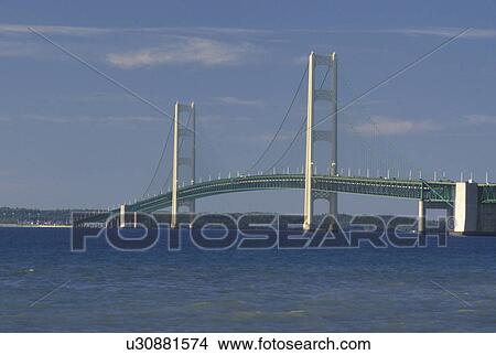 Mackinac Bridge, MI, Mackinaw City, Michigan, Upper Peninsula, Mackinac Bridge, a suspension span bridge, crosses the Straits of Mackinaw in Mackinaw City connecting the Lower Peninsula with the Upper Peninsula of Michigan. View Large Photo Image Picture - Mackinac Bridge, MI, Mackinaw City, Michigan, Upper Peninsula, Mackinac Bridge, a suspension span bridge, crosses the Straits of Mackinaw in Mackinaw City connecting the Lower Peninsula with the Upper Peninsula of Michigan.. Fotosearch