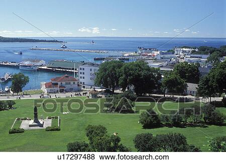 Stock Photo -  Mackinac Island, MI, Fort Mackinac, Lake Huron, Michigan, Mackinac Island State Park, Scenic view of Mackinac Island from Fort Mackinac on Lake Huron.. Fotosearch