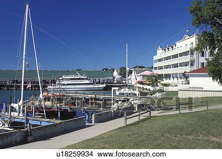 Mackinac Island, MI, Lake Huron, Michigan, Marina on Mackinac Island on Lake Huron. View Large Photo Image Picture - Mackinac Island, MI, Lake Huron, Michigan, Marina on Mackinac Island on Lake Huron.. Fotosearch