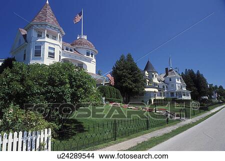 Mackinac Island, MI, Lake Huron, Michigan, Historic homes along West Bluff on Mackinac Island. View Large Photo Image Picture - Mackinac Island, MI, Lake Huron, Michigan, Historic homes along West Bluff on Mackinac Island.. Fotosearch