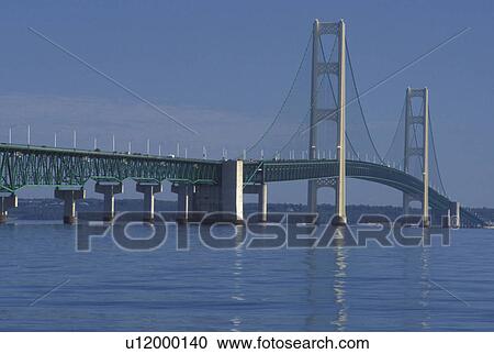 Stock Image -  Mackinaw City, bridge, MI, Michigan, Upper Peninsula, View of Mackinac Bridge, a suspension span bridge, crosses the Straits of Mackinaw in Mackinaw City connecting the Lower Peninsula with the Upper Peninsula of Michigan.. Fotosearch