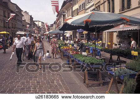 Stock Photography -  market, Switzerland, La Cote, Vaud, Open air market in the town of Morges.. Fotosearch