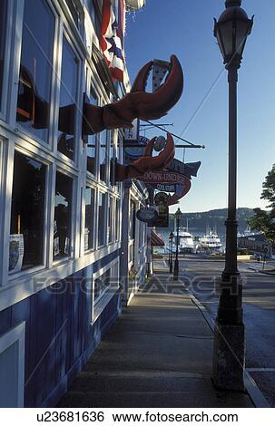 ME, Bar Harbor, Maine, Mount Desert Island, Seafood restaurants along the street in downtown Bar Harbor View Large Photo Image Stock Photograph - ME, Bar Harbor, Maine, Mount Desert Island, Seafood restaurants along the street in downtown Bar Harbor. Fotosearch