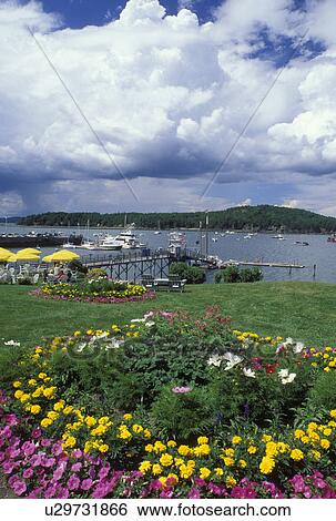 Stock Photograph -  ME, Bar Harbor, Maine, Mount Desert Island, Scenic view of Frenchman Bay from Bar Harbor Inn in Bar Harbor on the Atlantic Ocean.. Fotosearch
