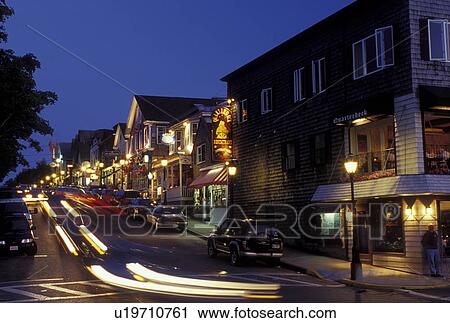 Stock Image -  ME, Bar Harbor, Mount Desert Island, Maine, Downtown Bar Harbor in the evening.. Fotosearch