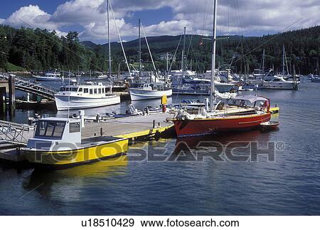 Stock Photo -  ME, Northeast Harbor, Mount Desert Island, Maine, Boats docked at the marina in Northeast Harbor on the Atlantic Ocean.. Fotosearch