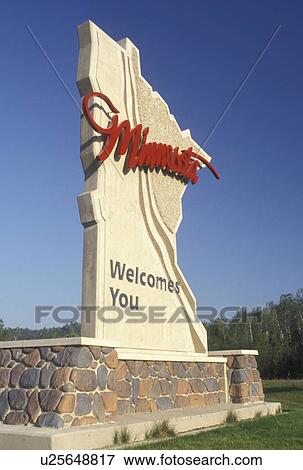 Stock Photo -  MN, Minnesota, Grand Portage, State of Minnesota Welcomes You, sign. Fotosearch