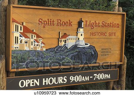 Stock Image -  MN, Two Harbors, Minnesota, Lake Superior, Split Rock Light Station Historic Site entrance sign to Split Rock Lighthouse State Park. Fotosearch