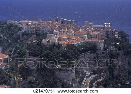 Stock Image -  Monaco, Aerial view of the city of Monaco-Ville in the Principality of Monaco along the Mediterranean Sea.. Fotosearch