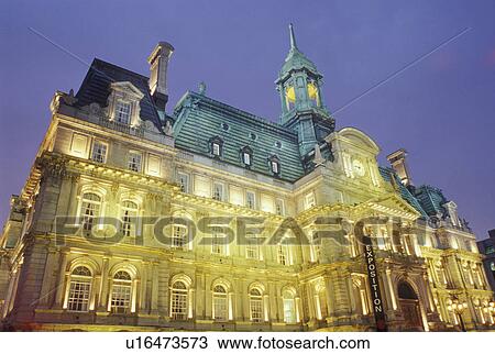 Montreal, Canada, Quebec, City Hall in the evening in Old Montreal (Vieux Montreal) in Quebec. View Large Photo Image Stock Image - Montreal, Canada, Quebec, City Hall in the evening in Old Montreal (Vieux Montreal) in Quebec.. Fotosearch