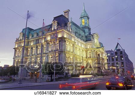 Montreal, Canada, Quebec, City Hall in the evening in Old Montreal (Vieux Montreal) in Quebec. View Large Photo Image Stock Photo - Montreal, Canada, Quebec, City Hall in the evening in Old Montreal (Vieux Montreal) in Quebec.. Fotosearch