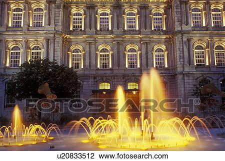 Montreal, Canada, Quebec, Fountain at Place Vauquelin in the evening in the front of City Hall in Old Montreal (Vieux Montreal) in Quebec. View Large Photo Image Stock Image - Montreal, Canada, Quebec, Fountain at Place Vauquelin in the evening in the front of City Hall in Old Montreal (Vieux Montreal) in Quebec.. Fotosearch